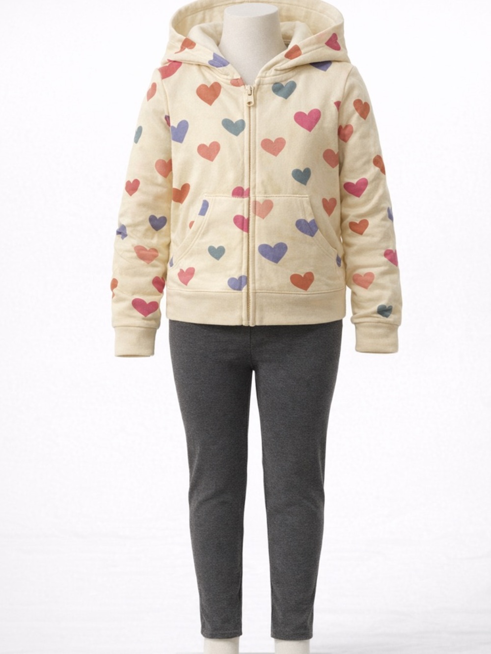 Cat & Jack Cream Heart Zip Hoodie and Charcoal Leggings Set SO